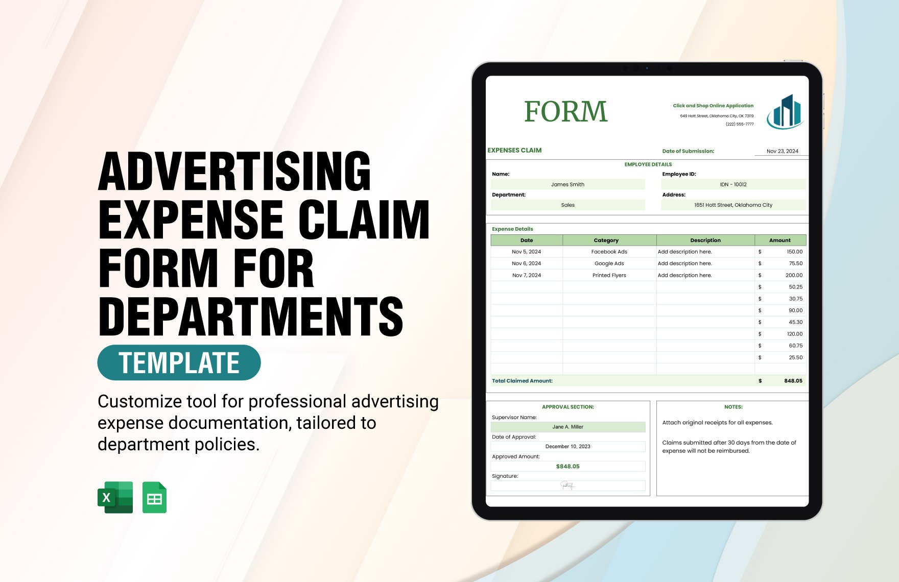 Advertising Expense Claim Form for Departments Template in Excel, Google Sheets