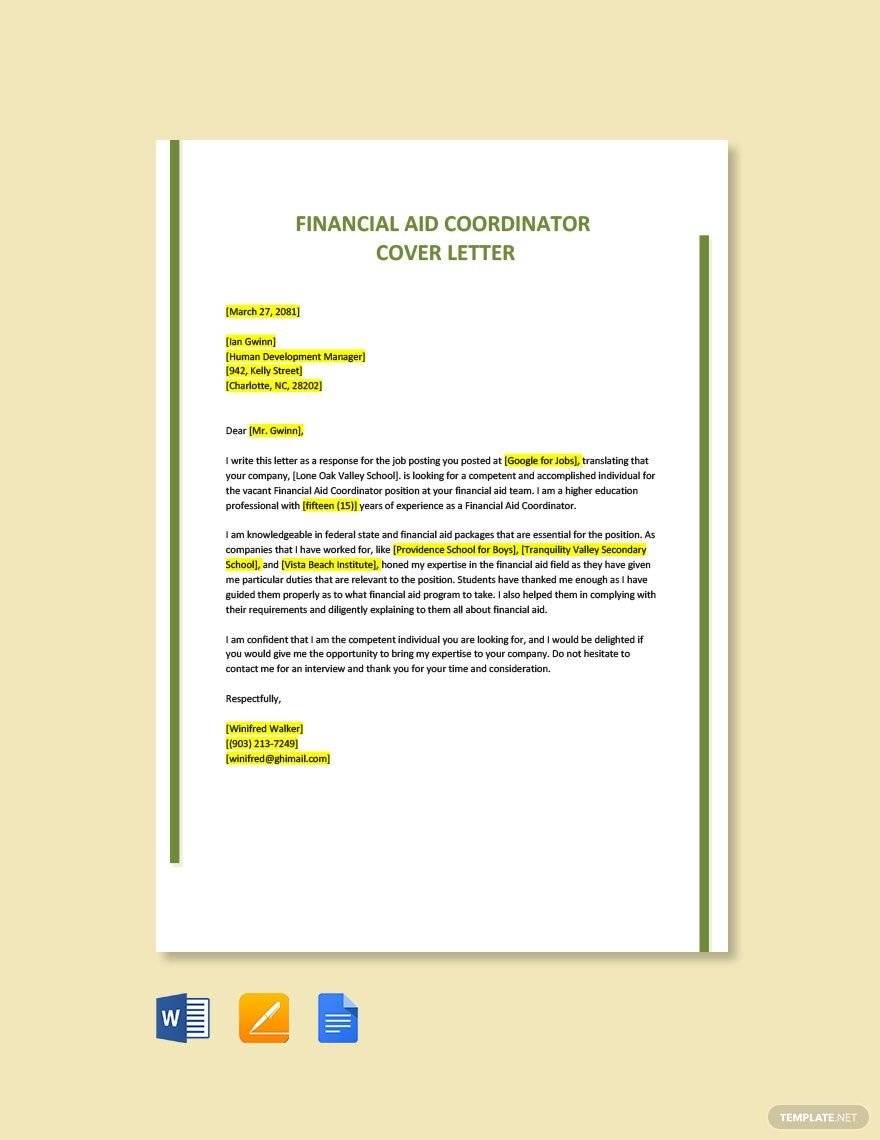 Free Financial Aid Coordinator Cover Letter Template