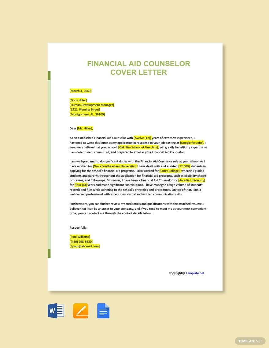 Free Financial Aid Counselor Cover Letter in Word, Google Docs, PDF, Apple Pages