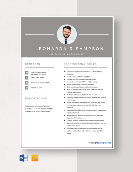 Medical Billing And Coding Specialist Resume Template - Word, Apple ...