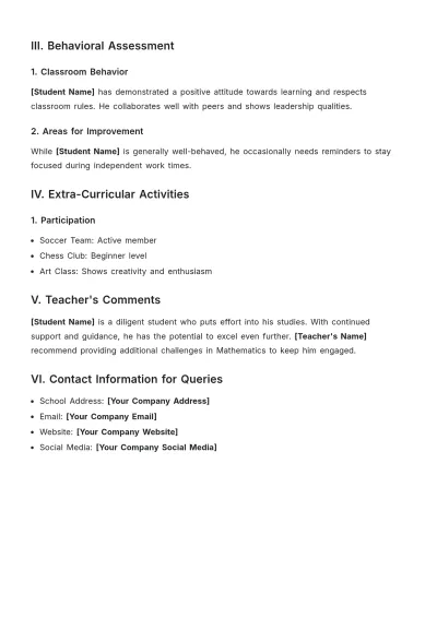Free Elementary School Progress Report Template to Edit Online