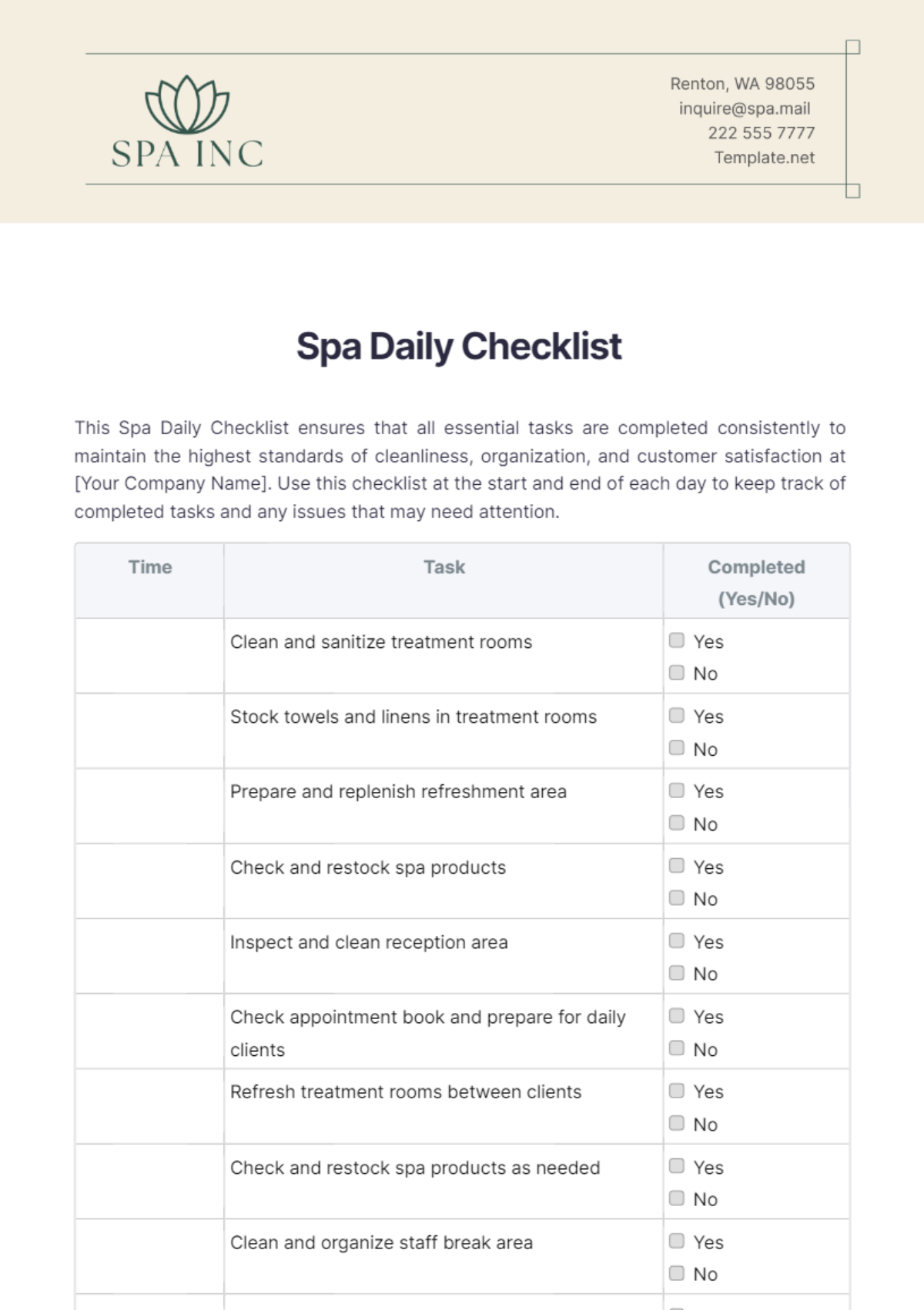 Free Spa Daily Checklist Template - Edit Online & Download | Template.net