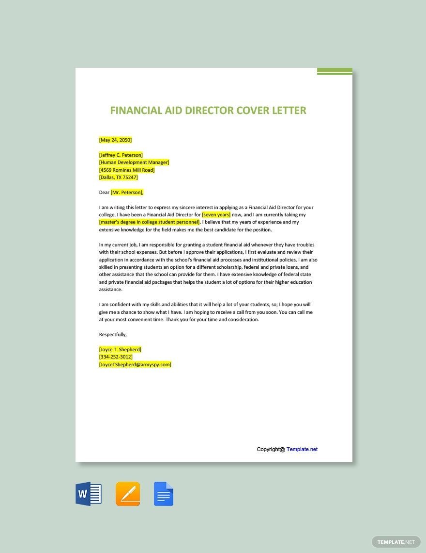 Financial Aid Director Cover Letter in Word, Google Docs, PDF, Apple Pages