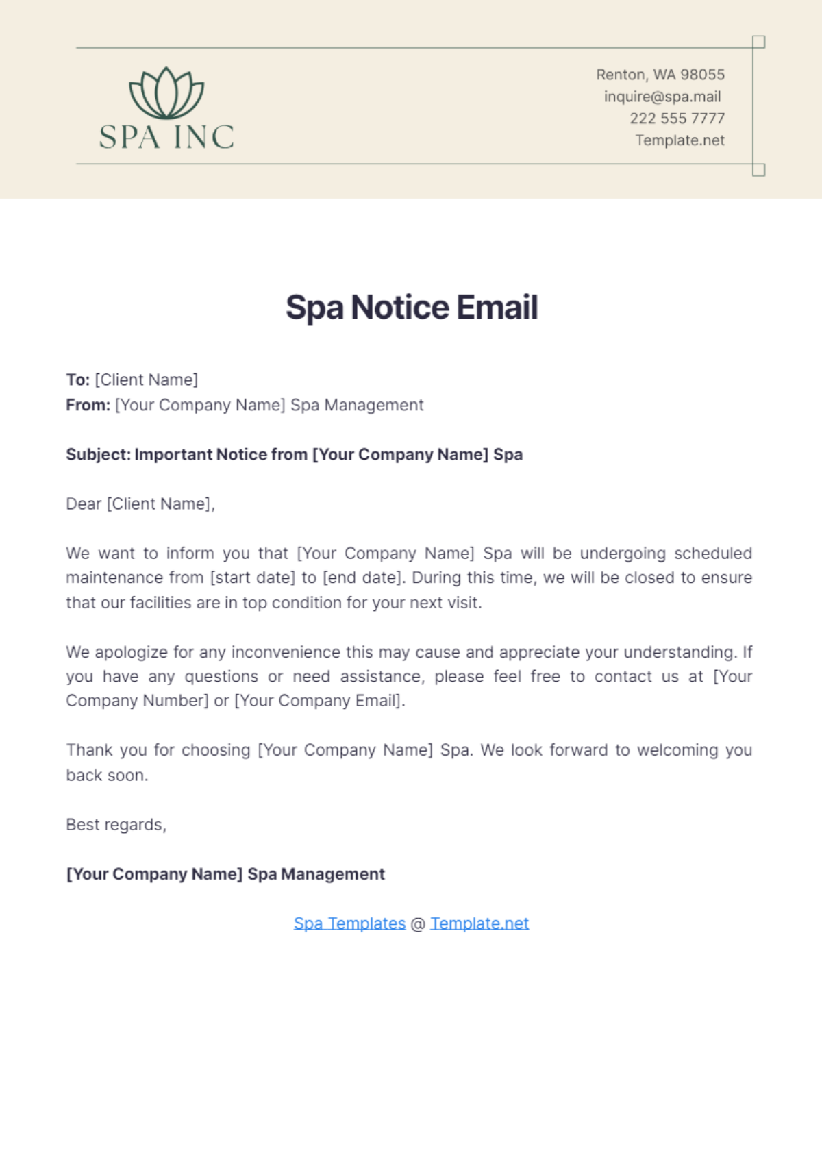 Spa Notice Email Template - Edit Online & Download