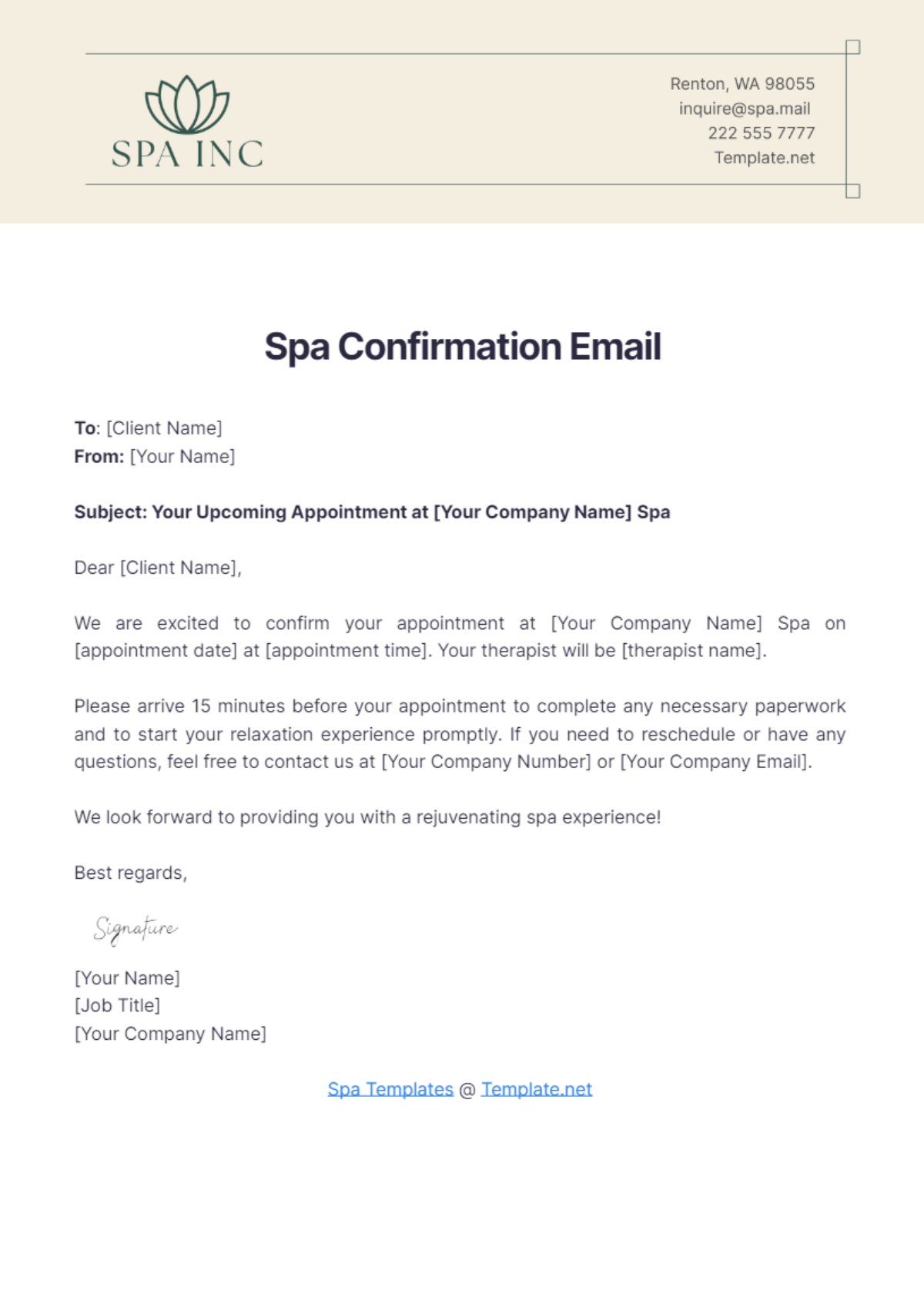 Spa Confirmation Email Template - Edit Online & Download