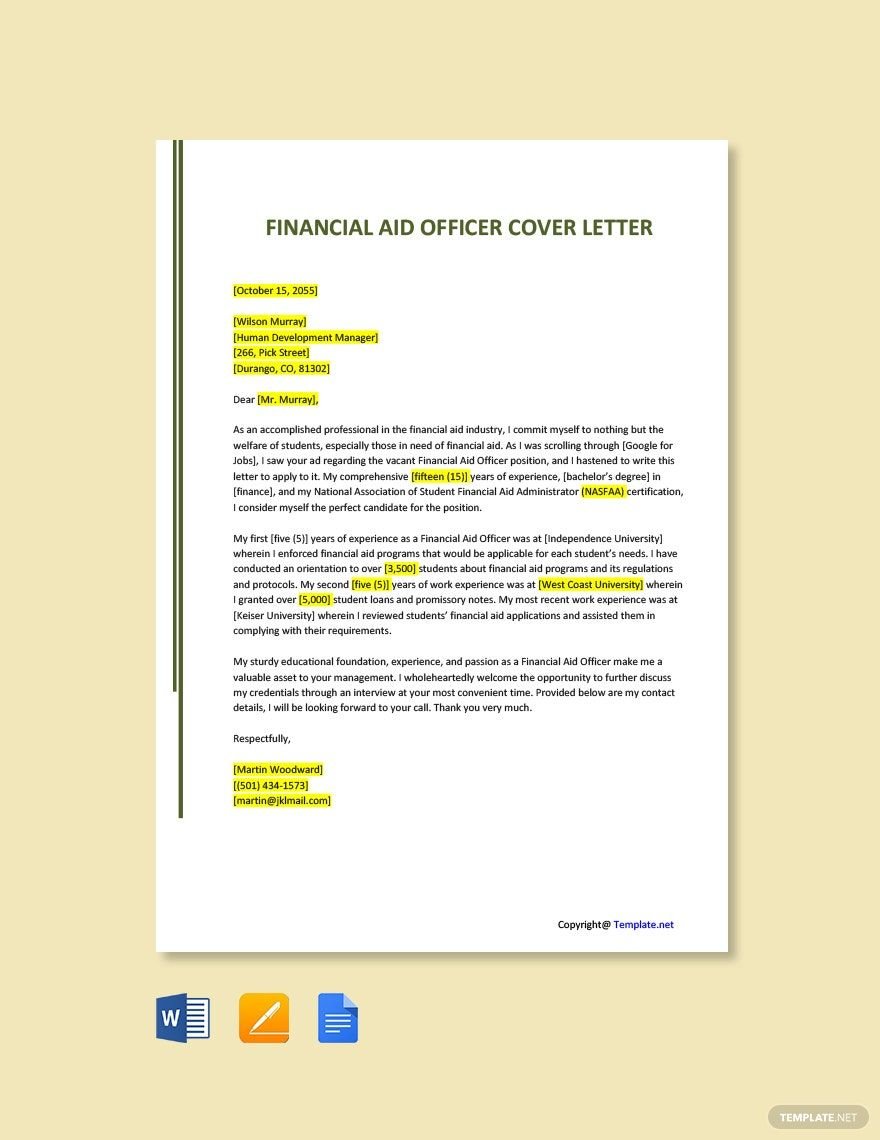 Financial Aid Officer Cover Letter in Word, Google Docs, PDF, Apple Pages