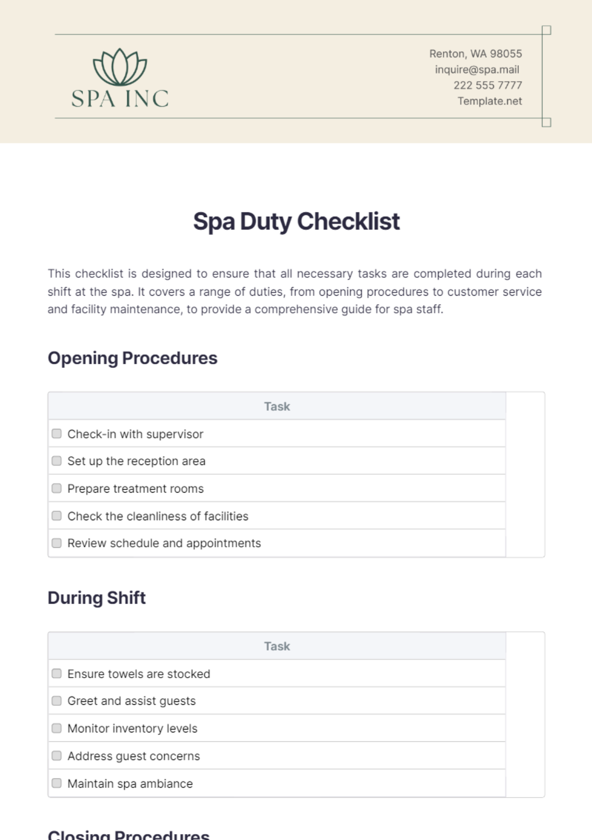 Spa Duty Checklist Template - Edit Online & Download