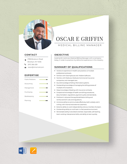 Medical Billing Manager Resume Template - Word, Apple Pages