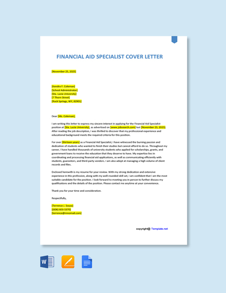 Financial Aid Specialist Cover Letter Template Google Docs Word 