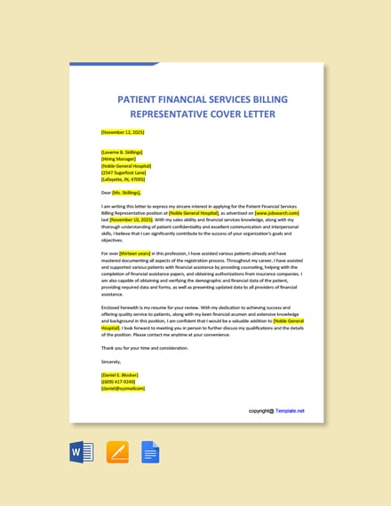 Patient Financial Services Billing Representative Cover Letter