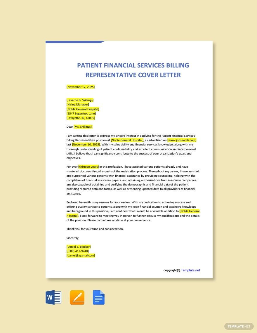 Patient Financial Services Billing Representative Cover Letter