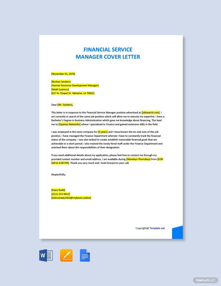 Financial Service Manager Cover Letter