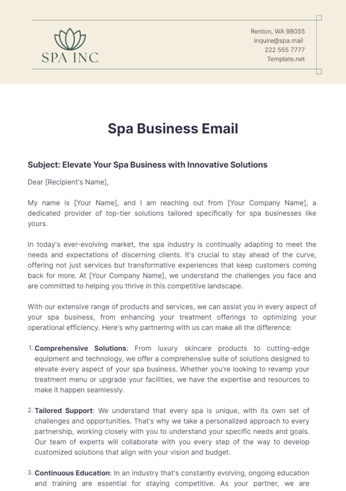 Spa Business Email Template - Edit Online & Download