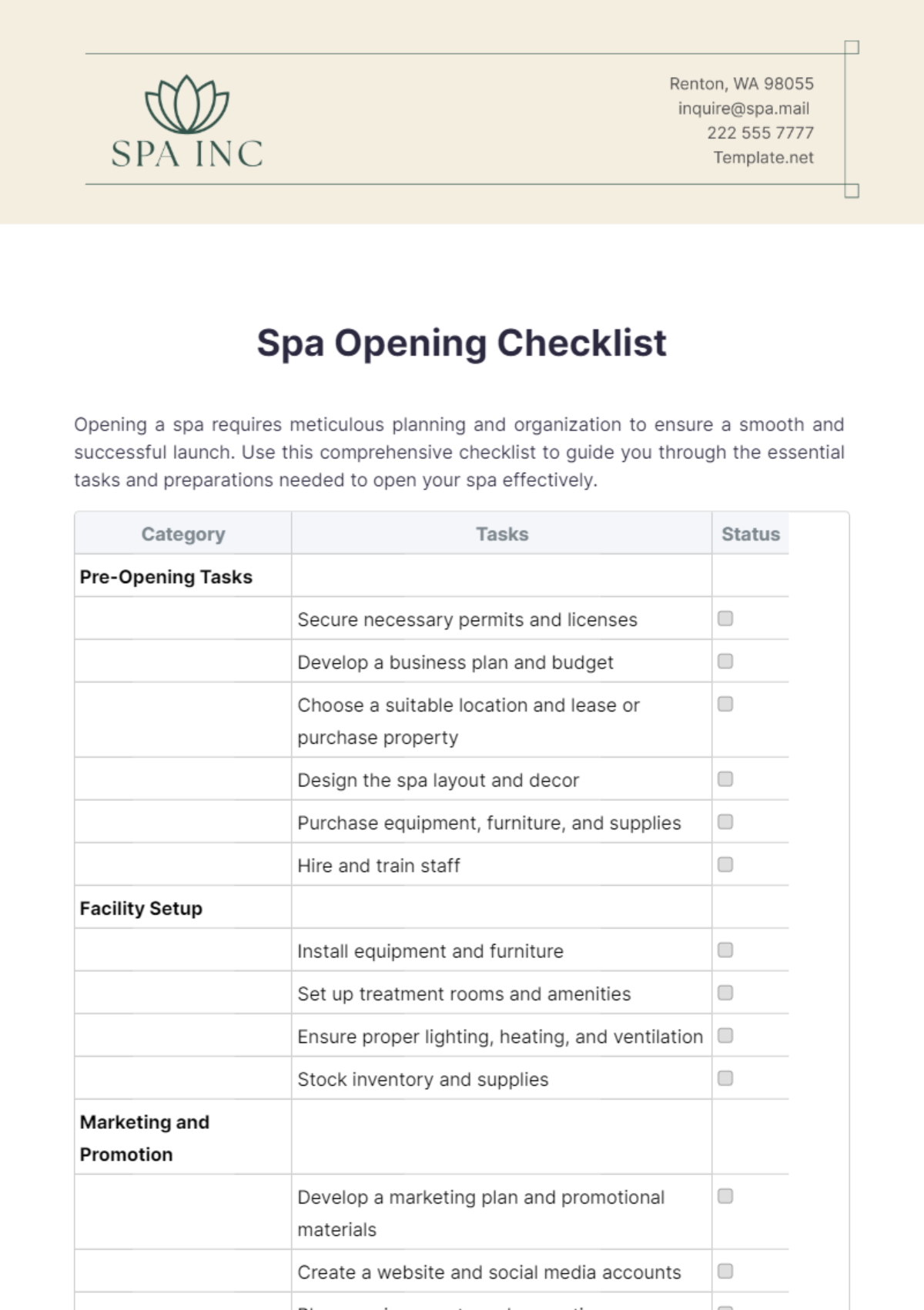 Spa Opening Checklist Template - Edit Online & Download