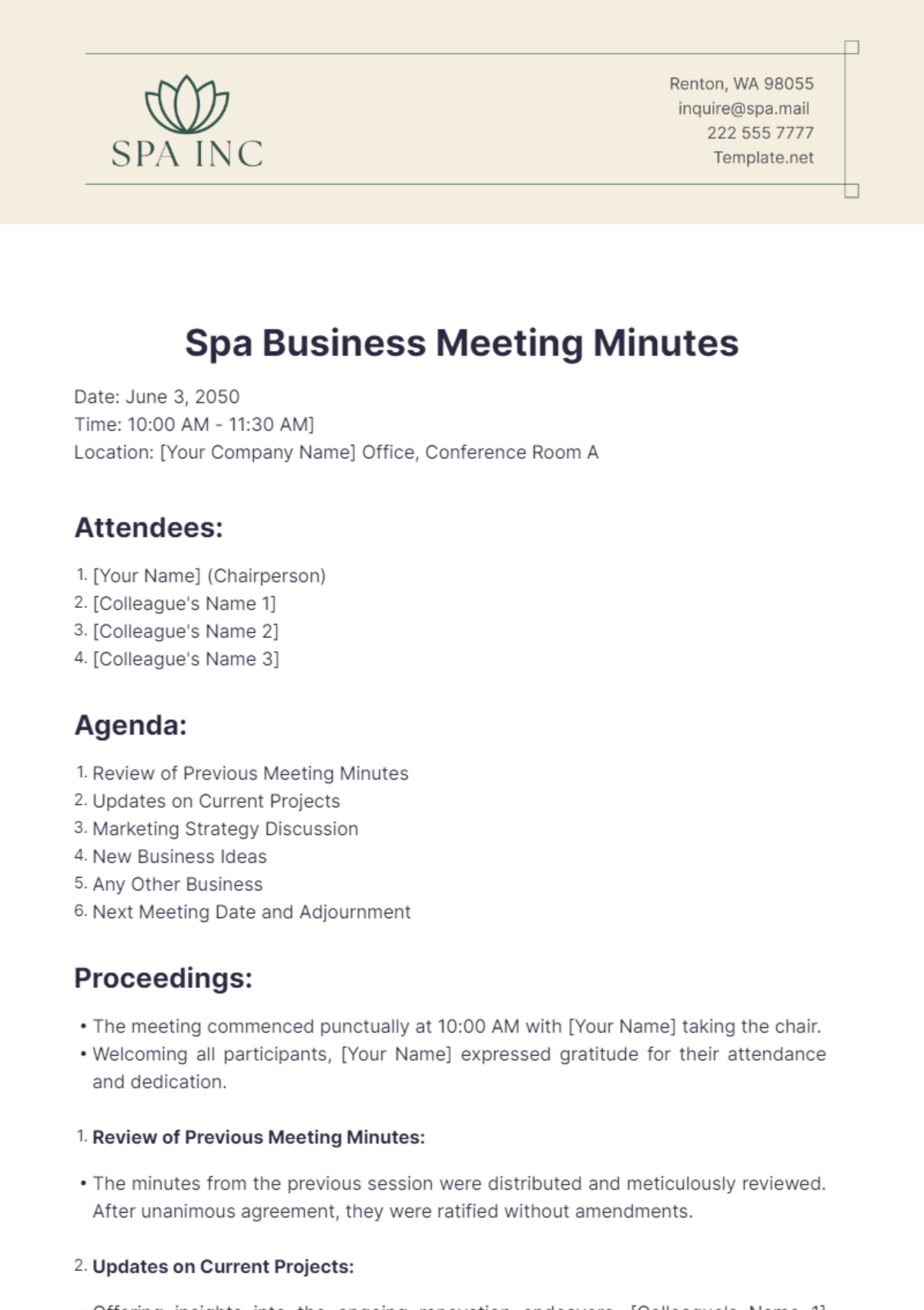 Spa Business Meeting Minutes Template - Edit Online & Download