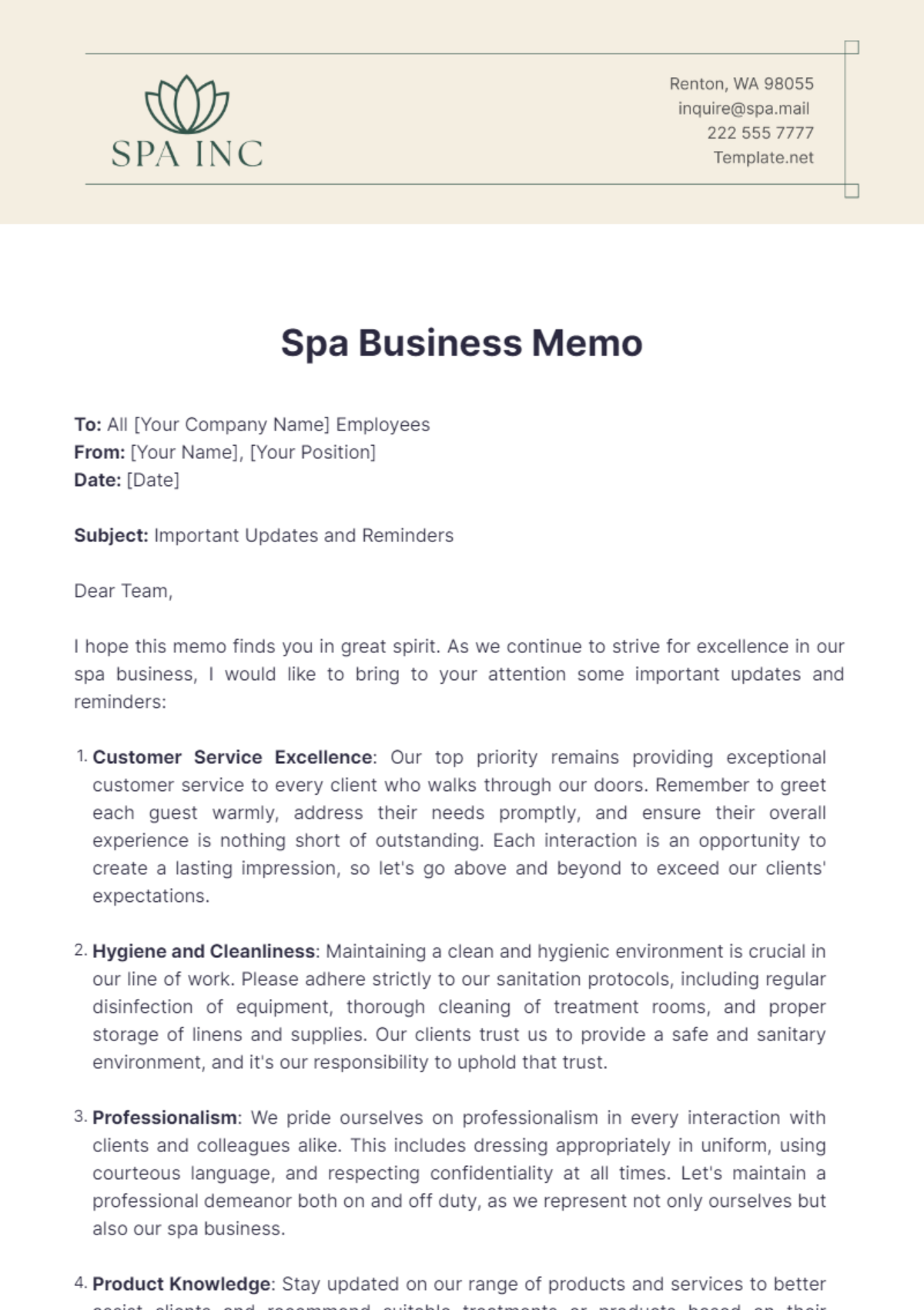 Spa Business Memo Template - Edit Online & Download