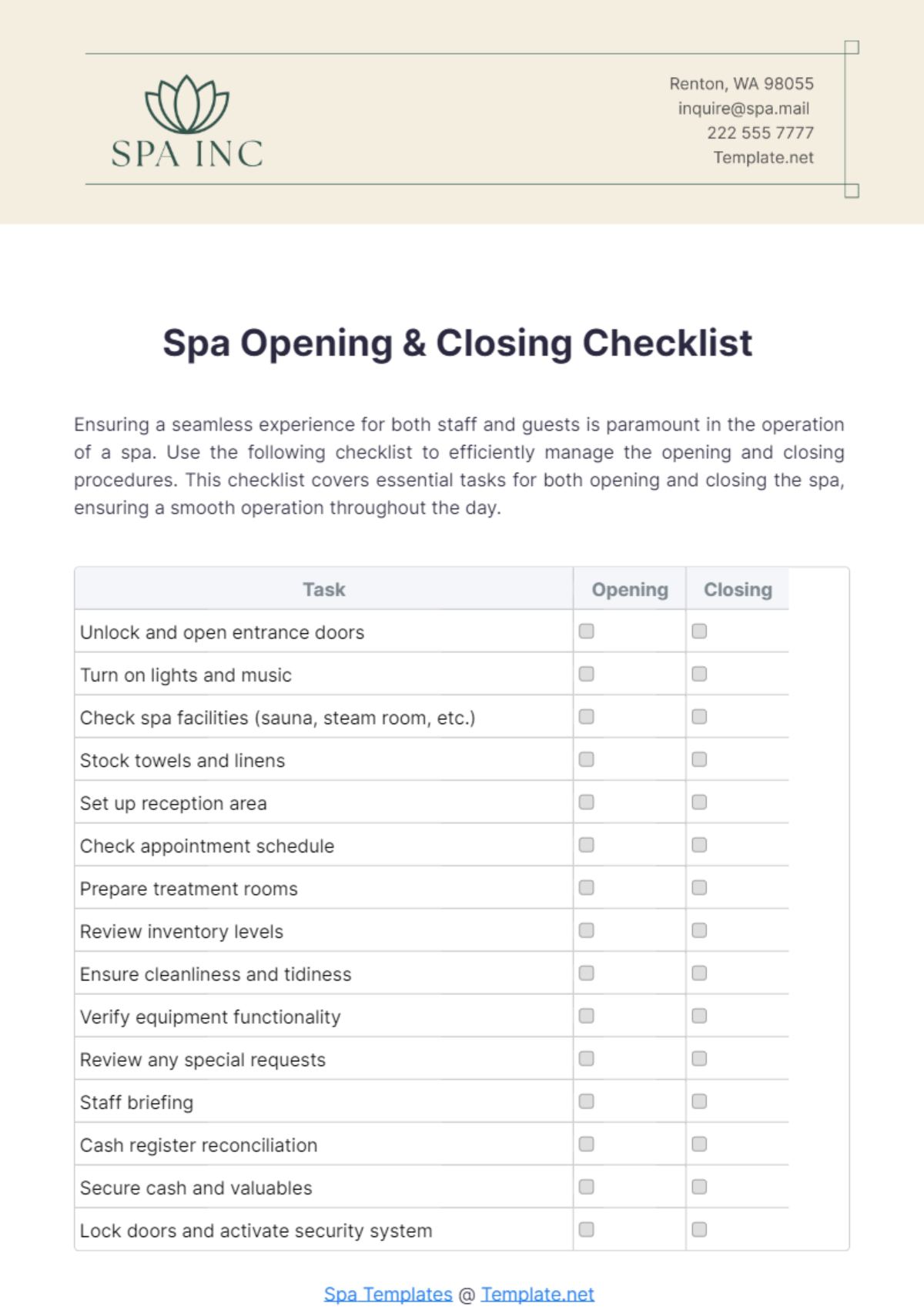 Free Spa Opening & Closing Checklist Template