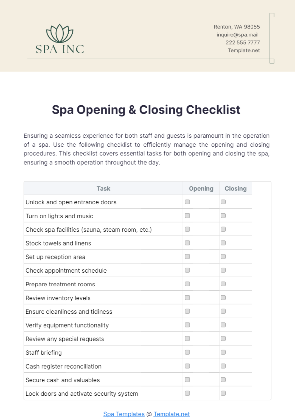 Spa Opening & Closing Checklist Template - Edit Online & Download