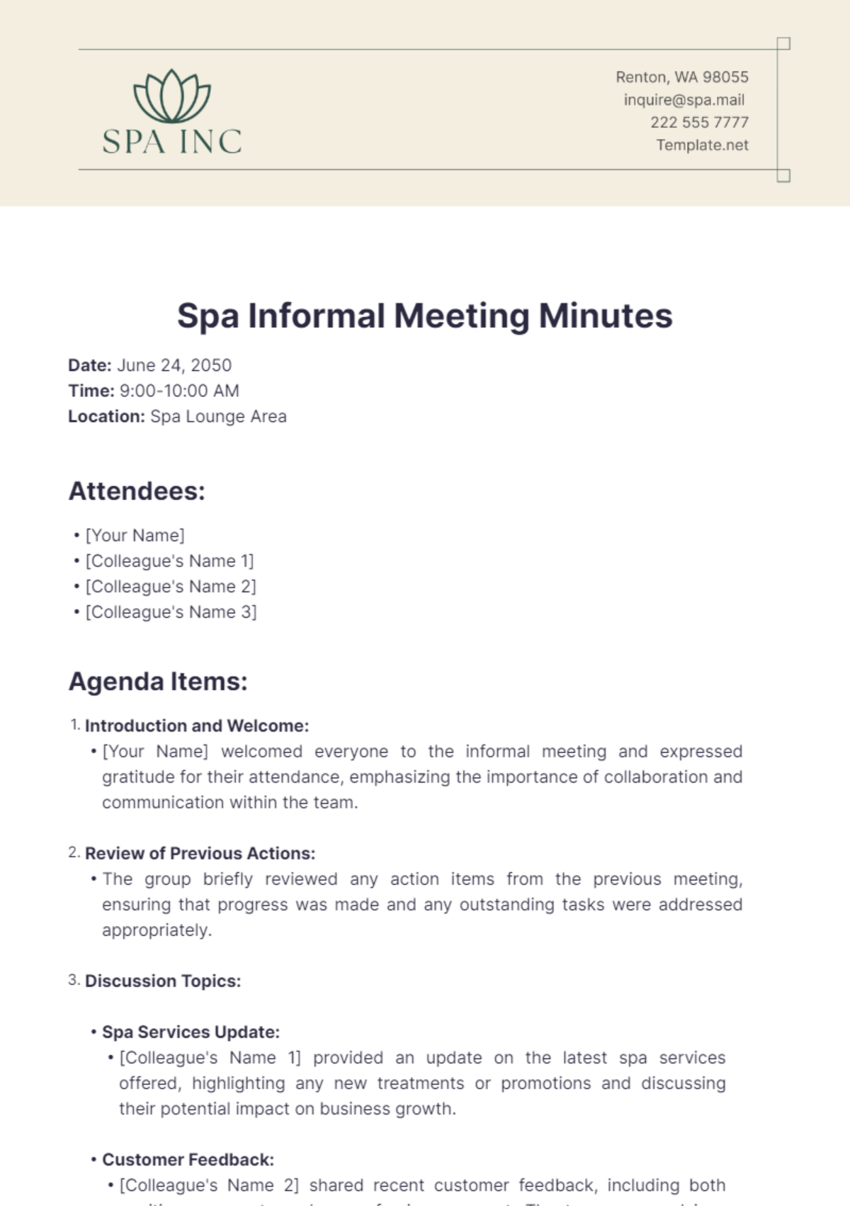 Spa Informal Meeting Minutes Template - Edit Online & Download