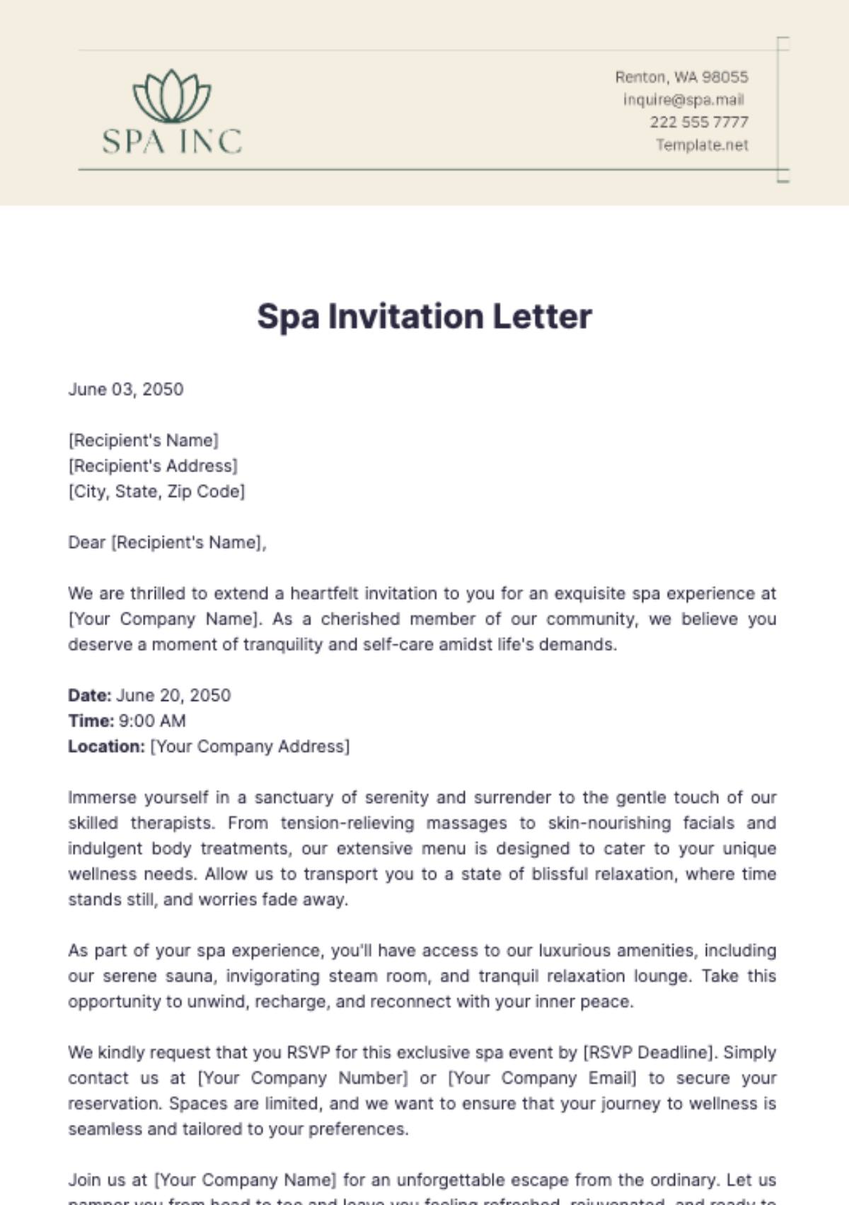 Spa Invitation Letter Template - Edit Online & Download