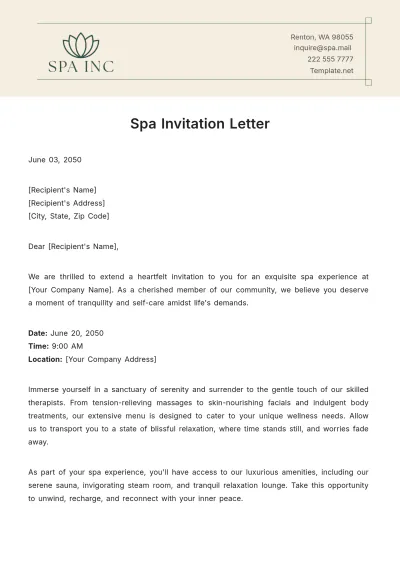 Free Spa Invitation Letter Template to Edit Online