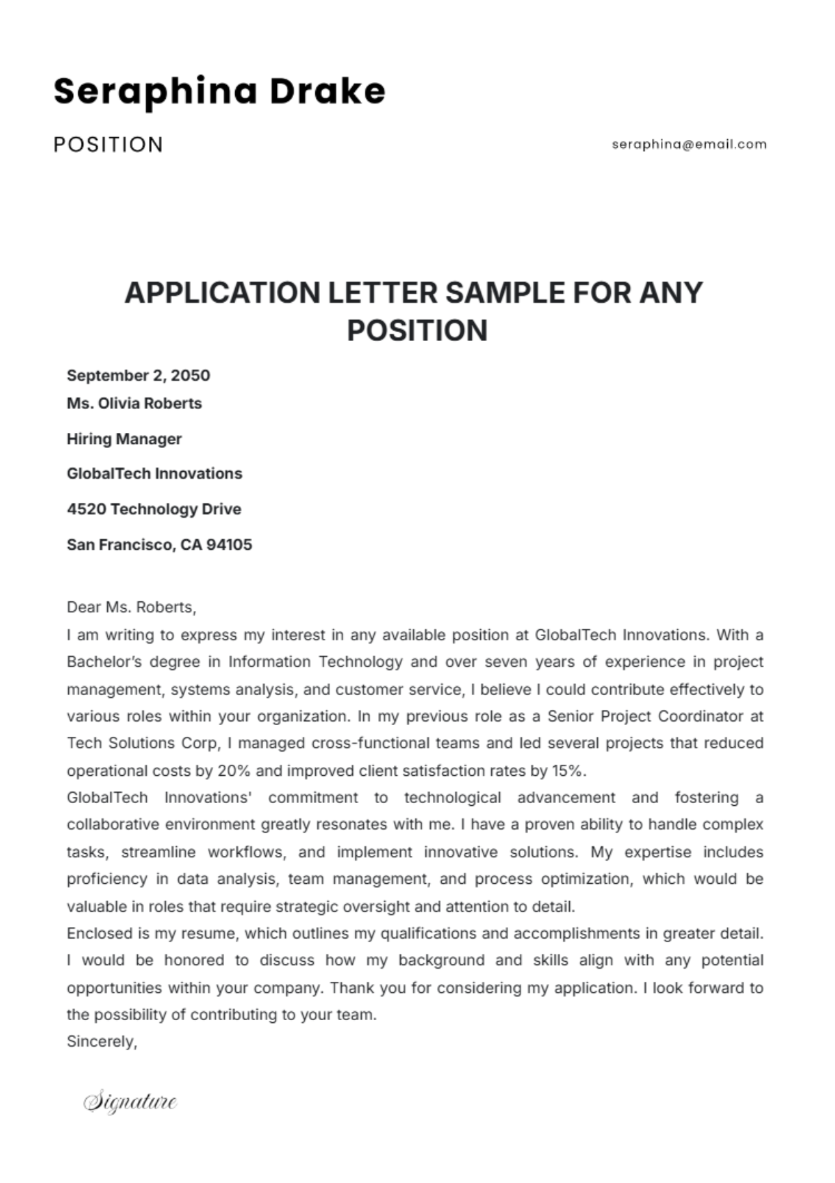 Application Letter Sample for Any Position Template - Edit Online & Download