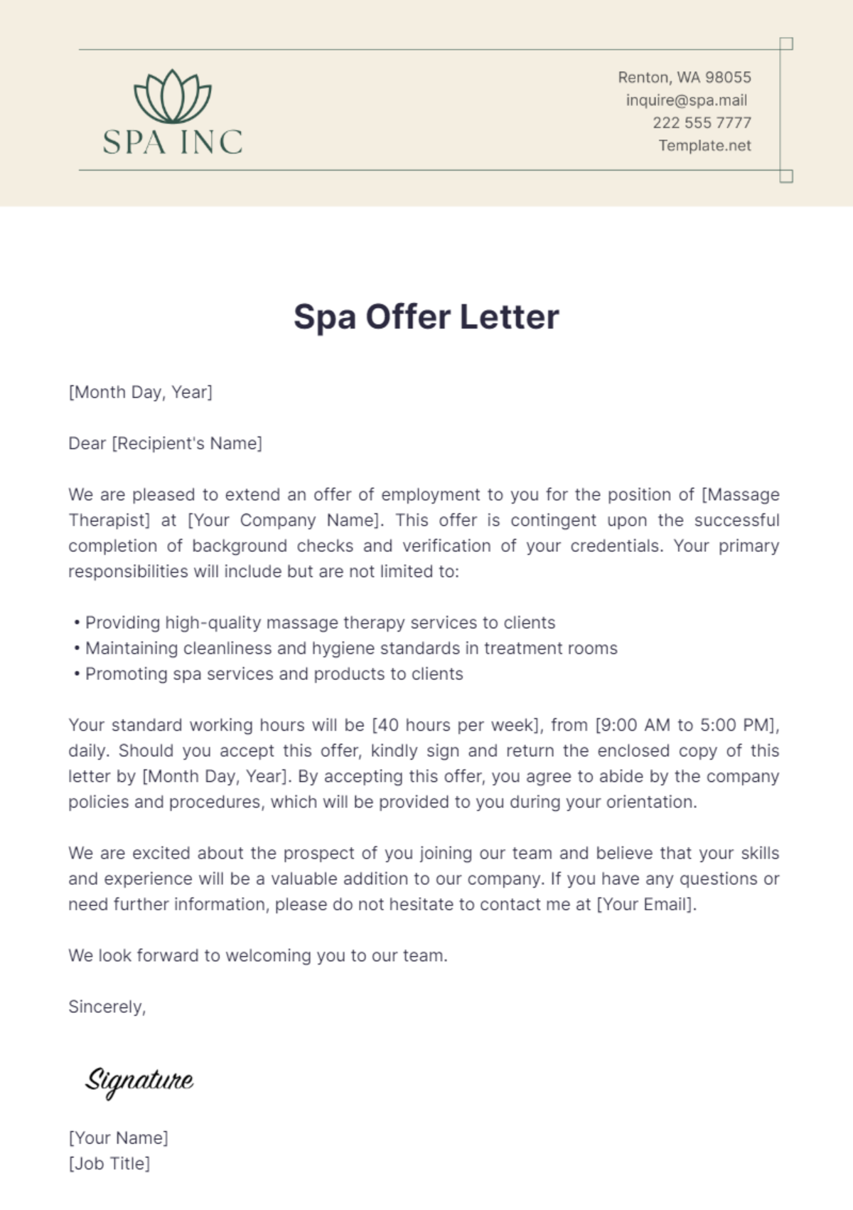 Spa Offer Letter Template - Edit Online & Download