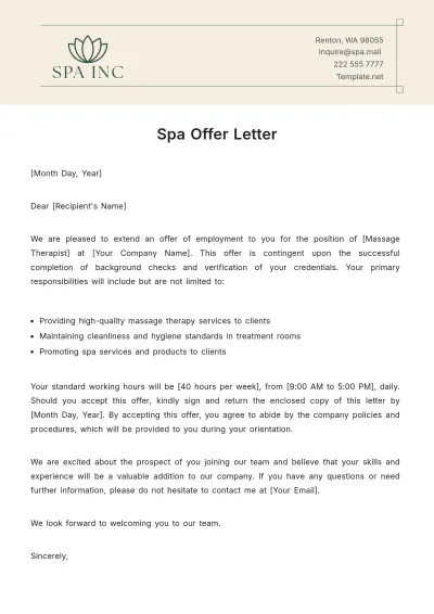 Free Spa Offer Letter Template to Edit Online