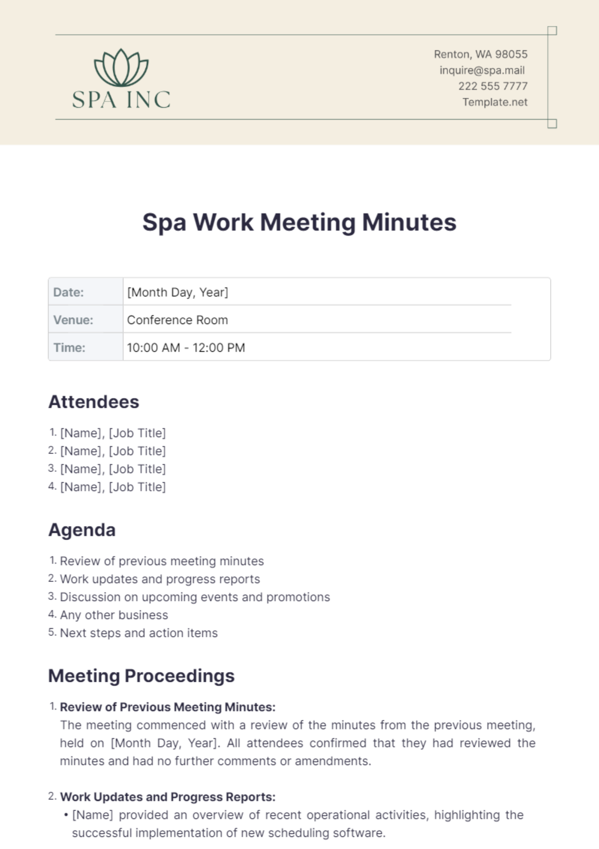 Spa Work Meeting Minutes Template - Edit Online & Download