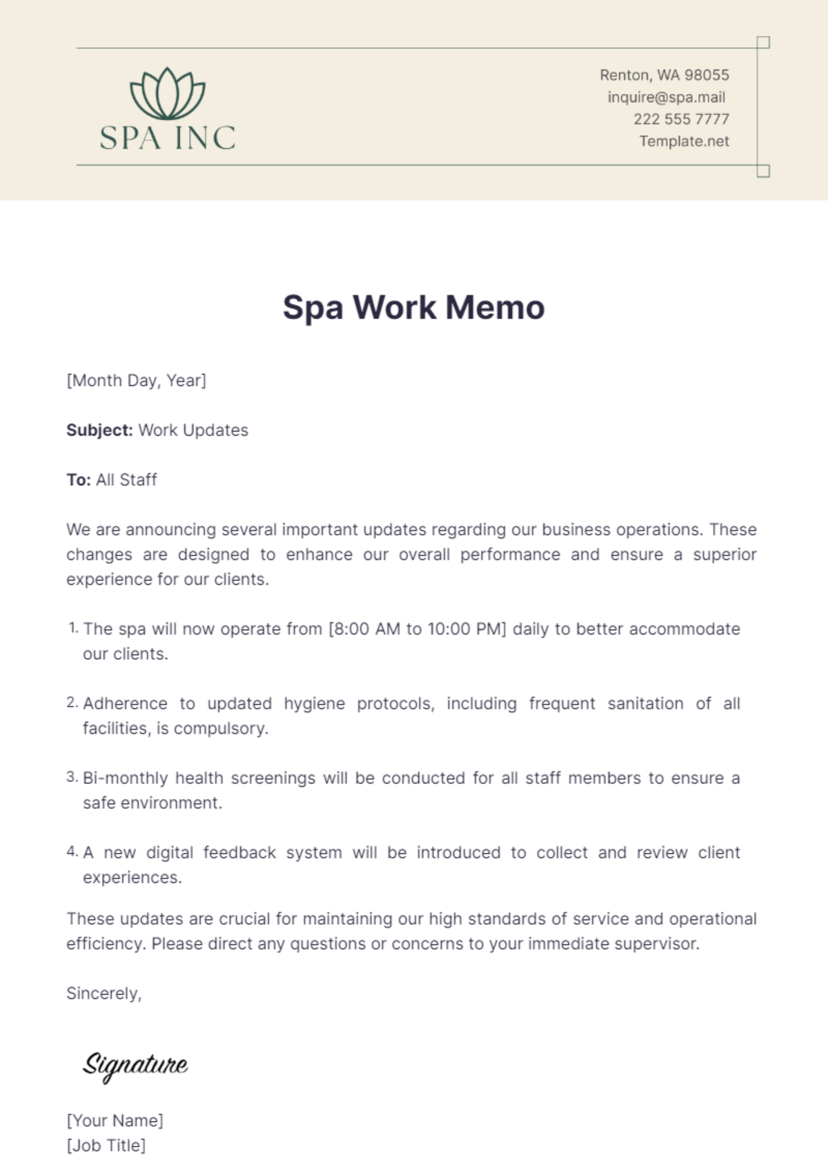 Spa Work Memo Template - Edit Online & Download