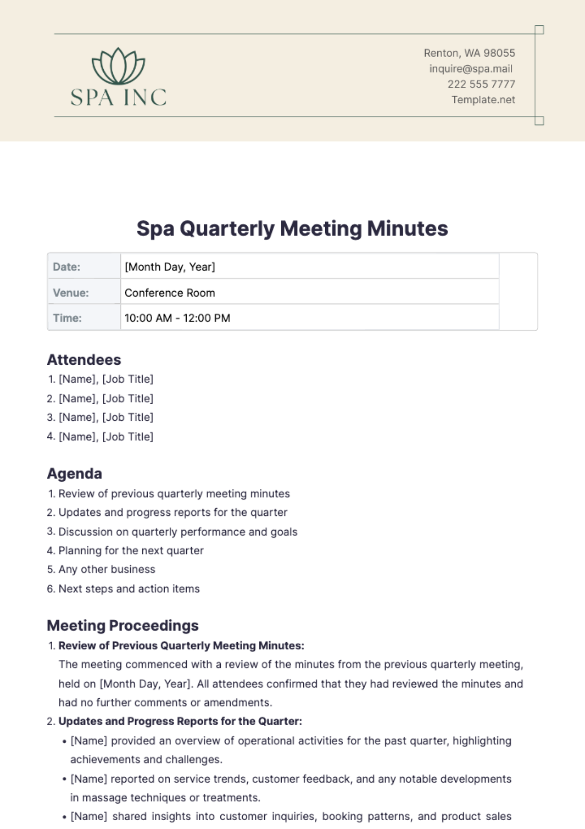 Spa Quarterly Meeting Minutes Template - Edit Online & Download