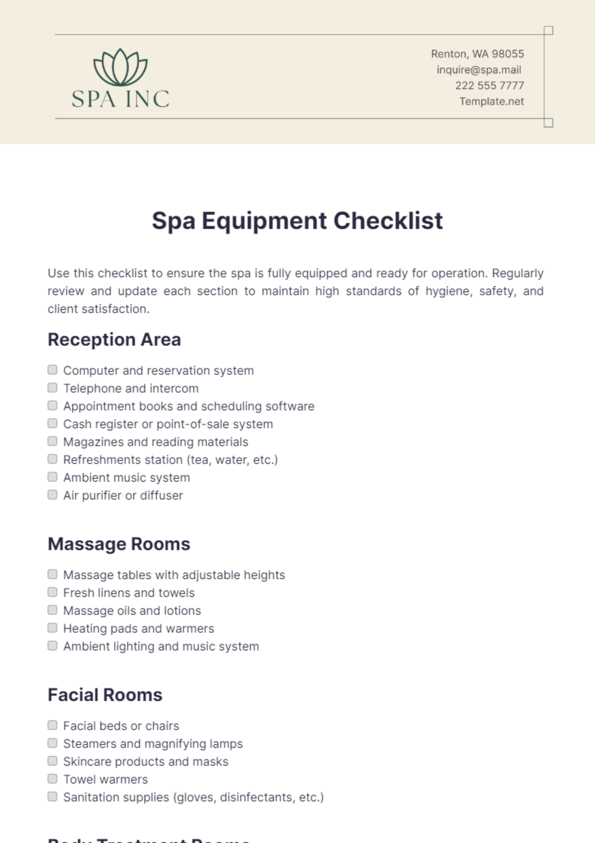 Spa Equipment Checklist Template - Edit Online & Download