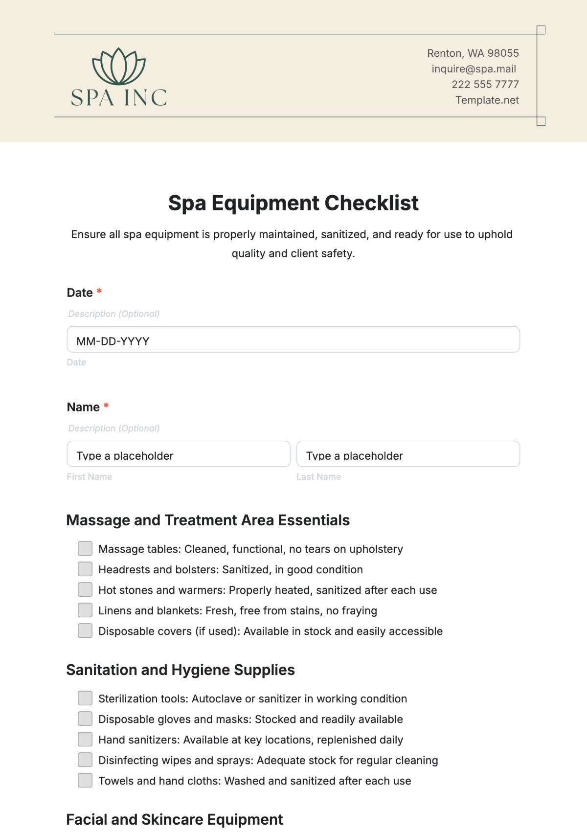 Spa Equipment Checklist Template - Edit Online & Download