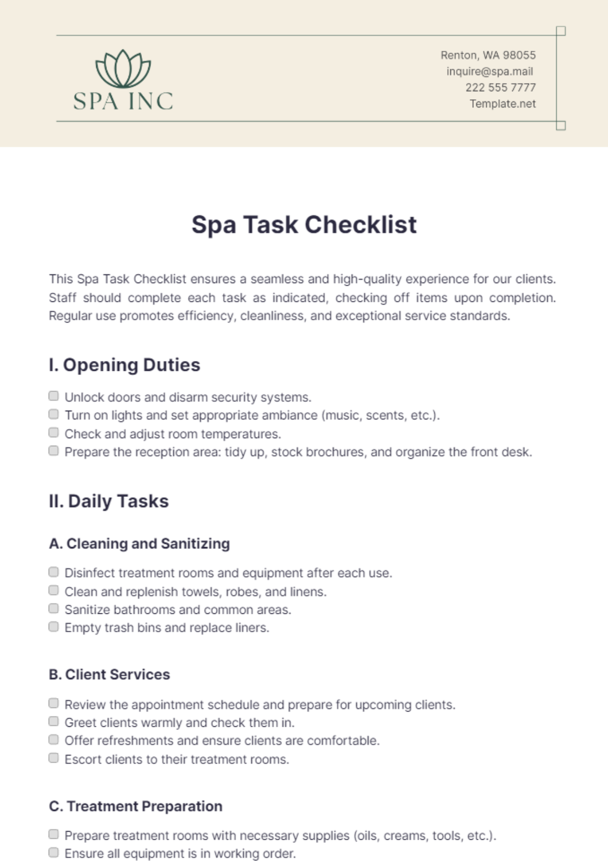 Spa Task Checklist Template - Edit Online & Download