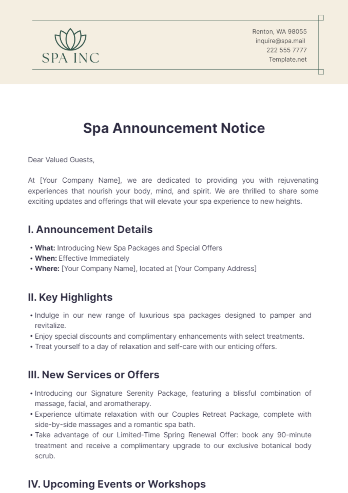 Free Spa Announcement Notice Template