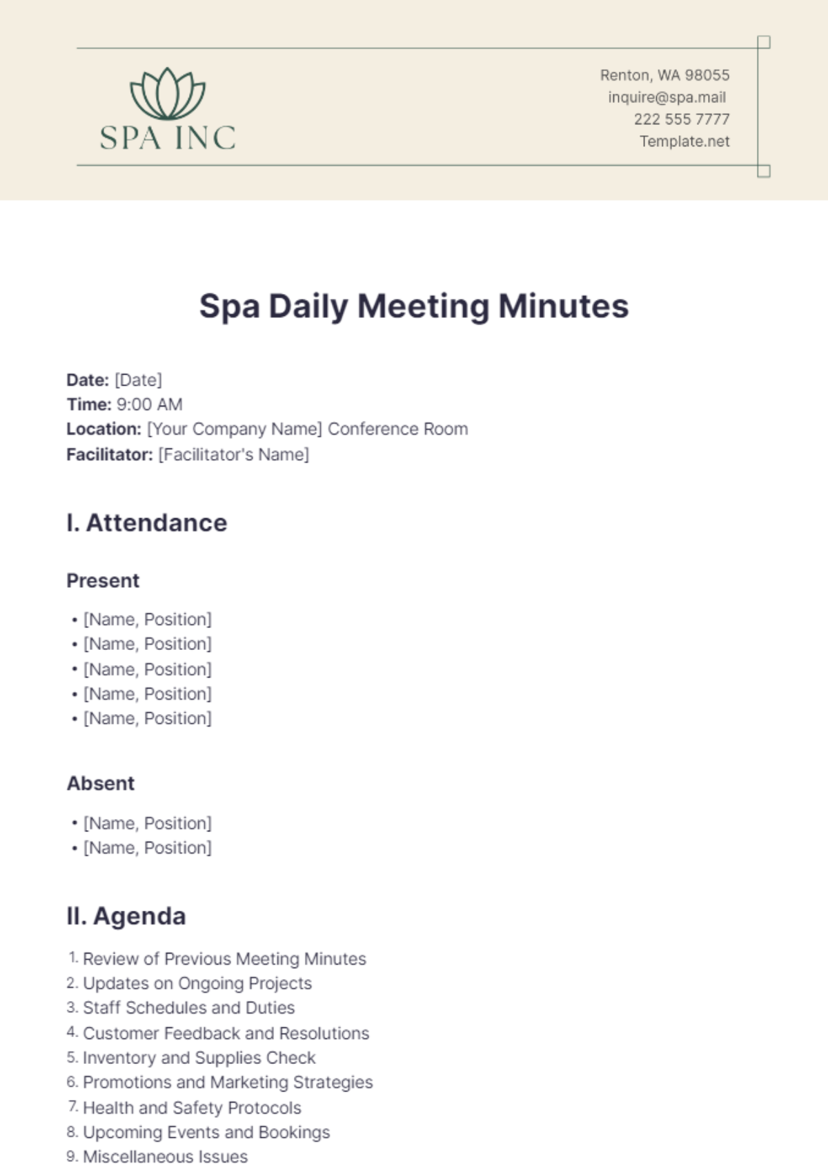 Spa Daily Meeting Minutes Template - Edit Online & Download