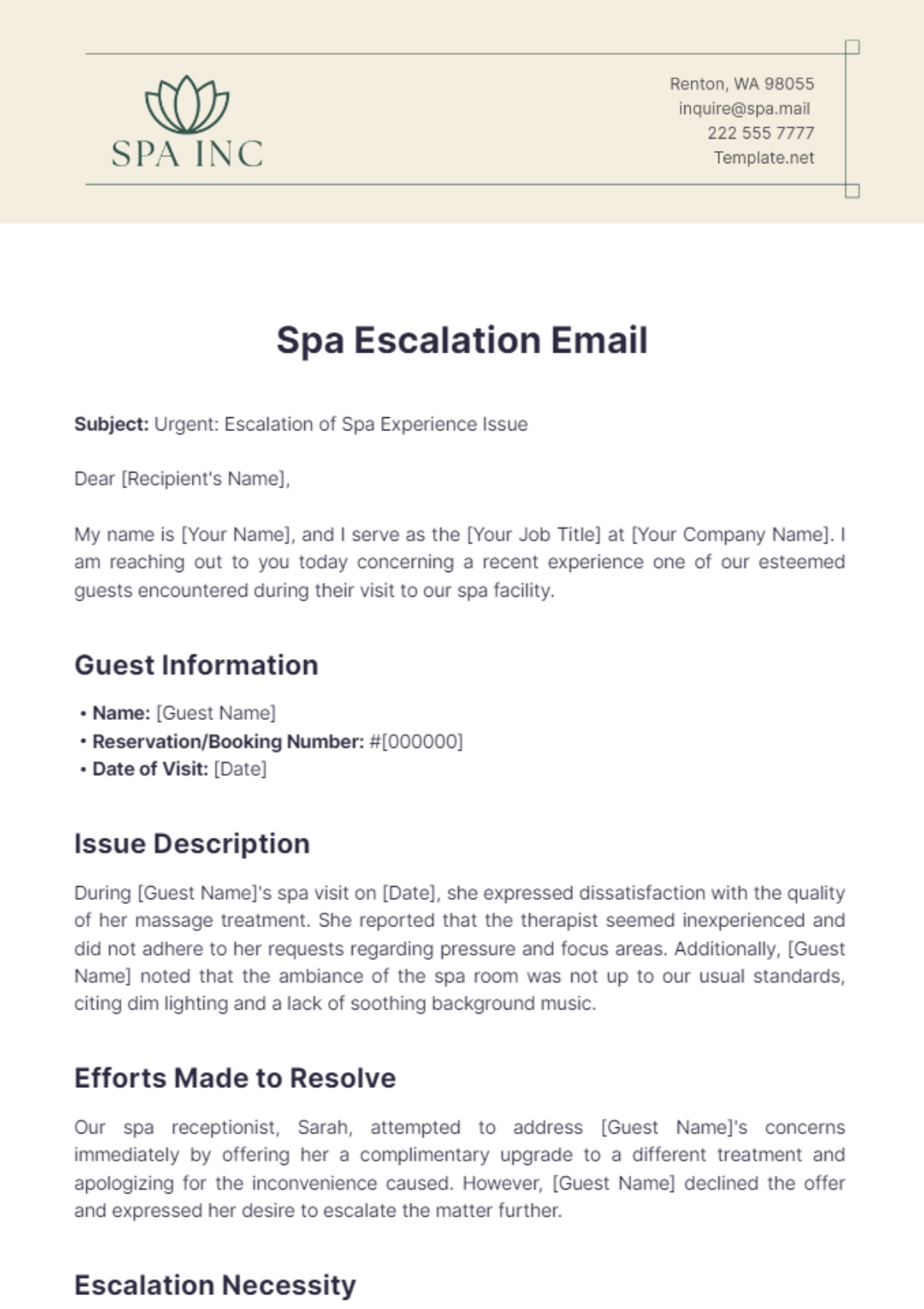 Spa Escalation Email Template - Edit Online & Download