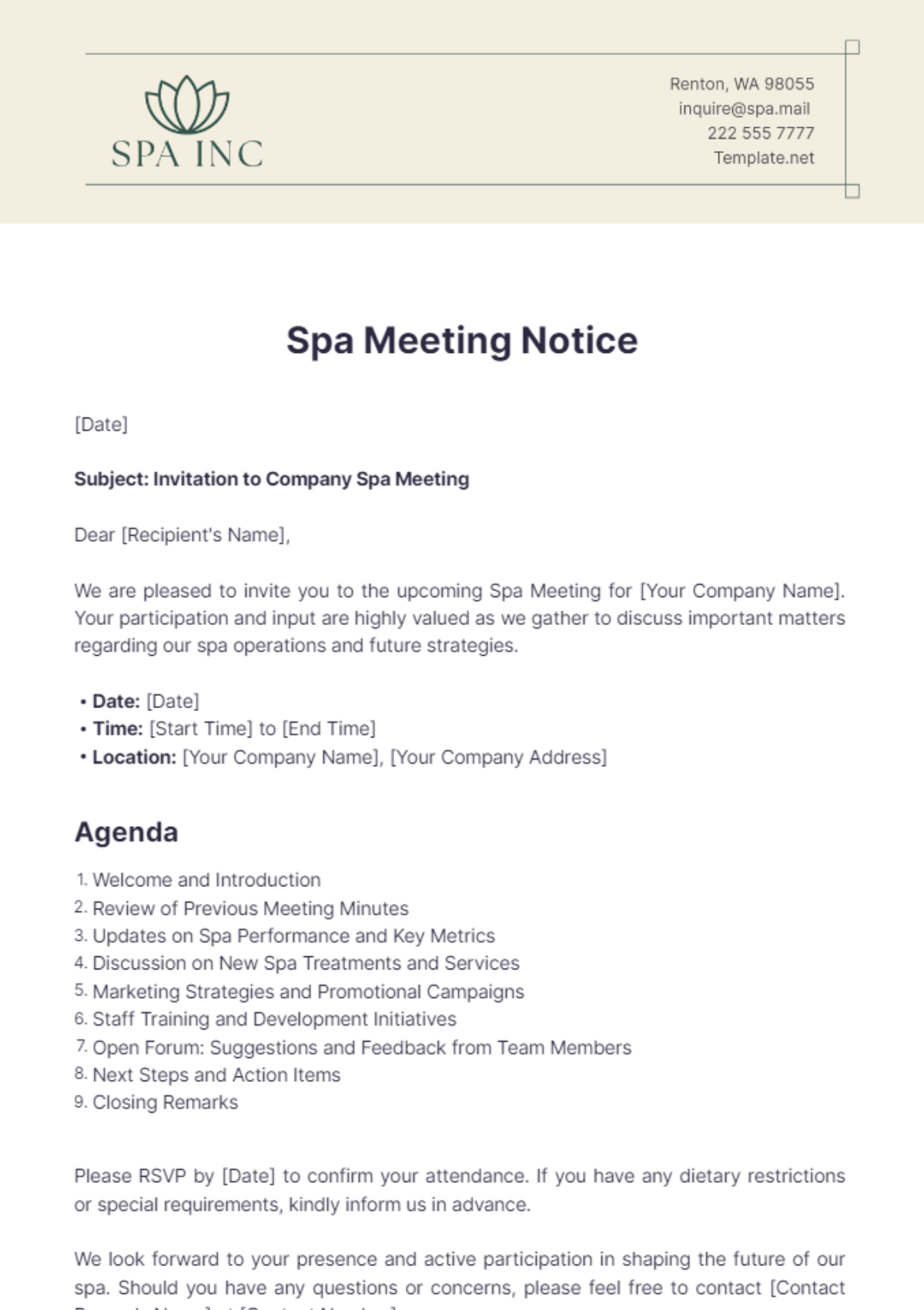 Spa Meeting Notice Template - Edit Online & Download