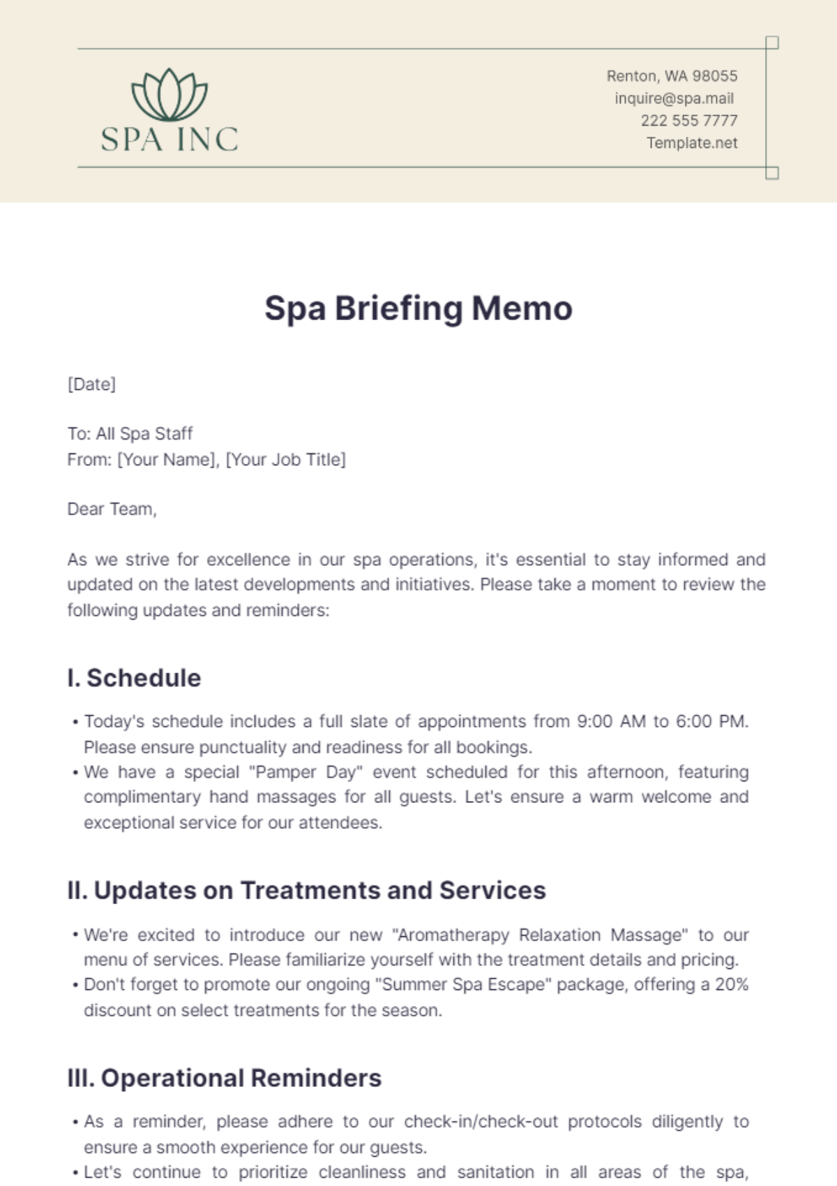 Spa Briefing Memo Template - Edit Online & Download