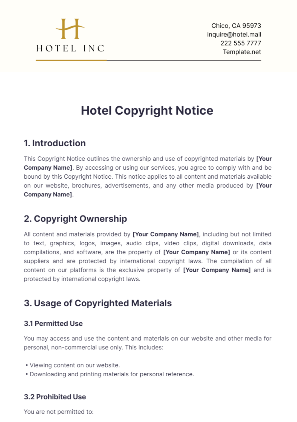 Hotel Copyright Notice Template - Edit Online & Download