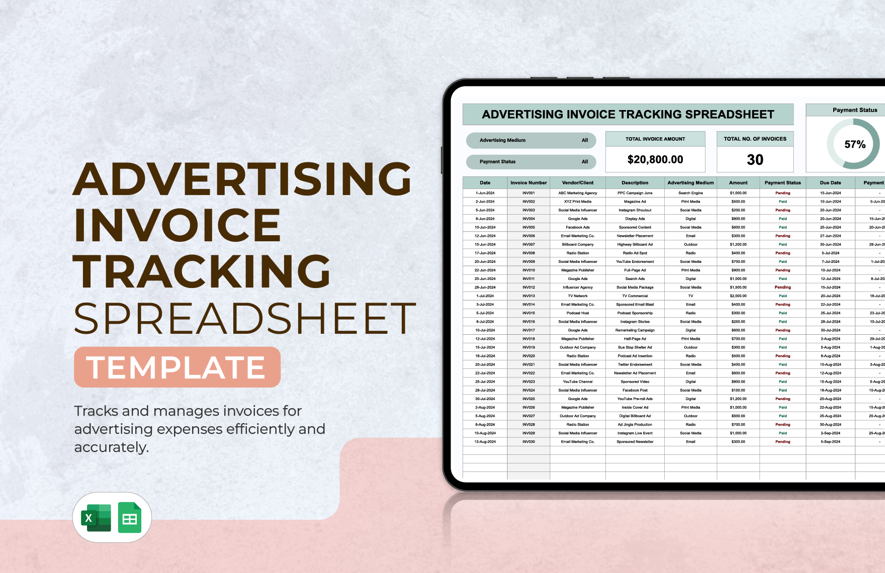 Advertising Invoice Tracking Spreadsheet Template in Excel, Google Sheets