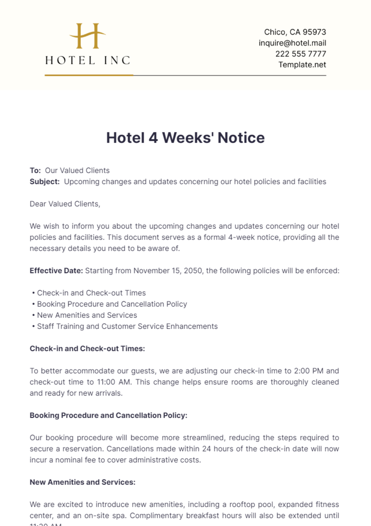 Free Hotel 4 Weeks' Notice Template - Edit Online & Download | Template.net