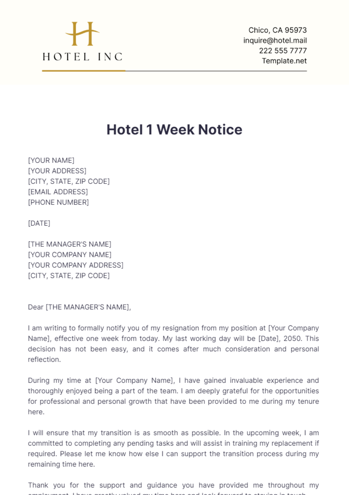 Hotel 1 Week Notice Template - Edit Online & Download