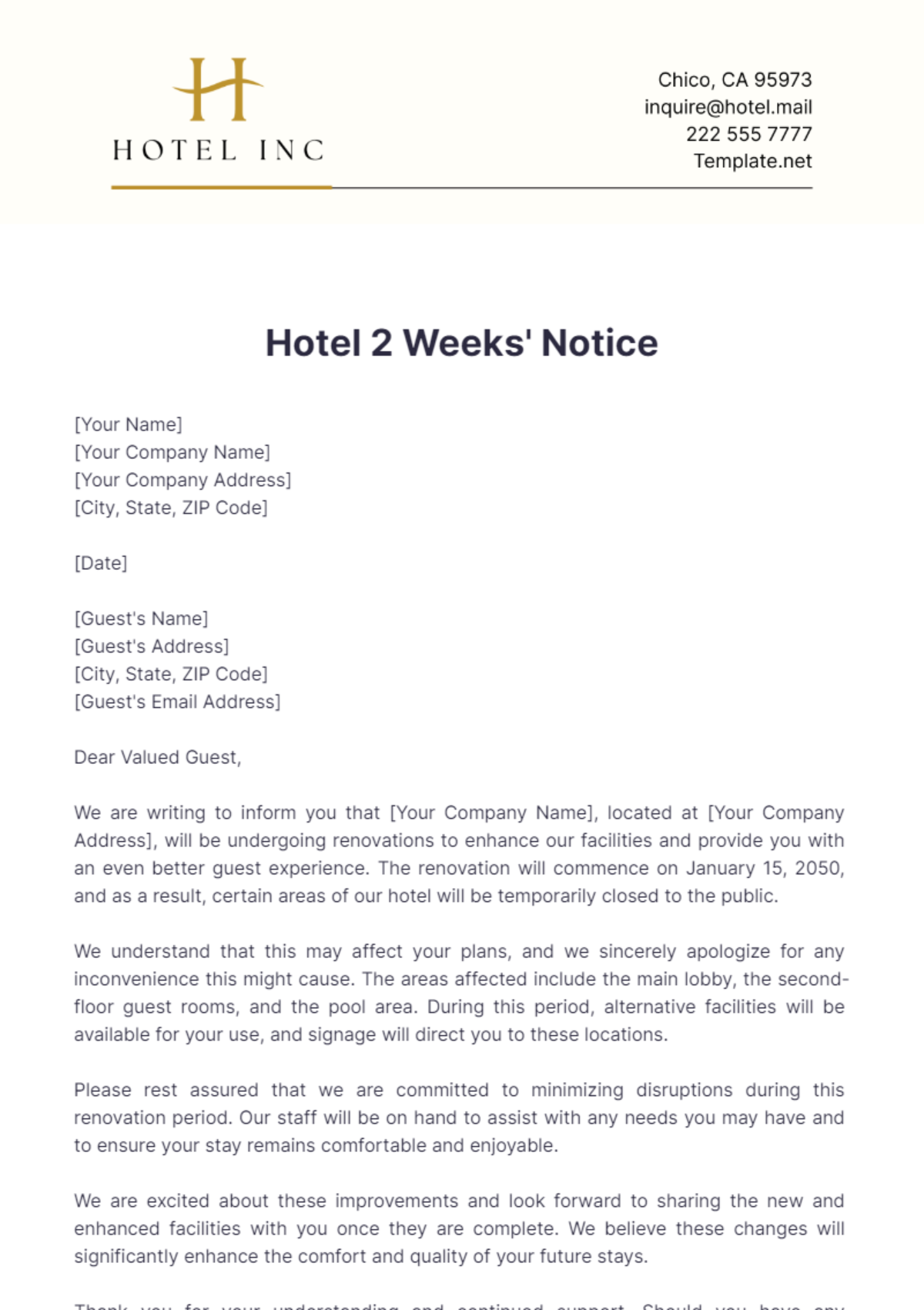 Hotel 2 Weeks' Notice Template - Edit Online & Download