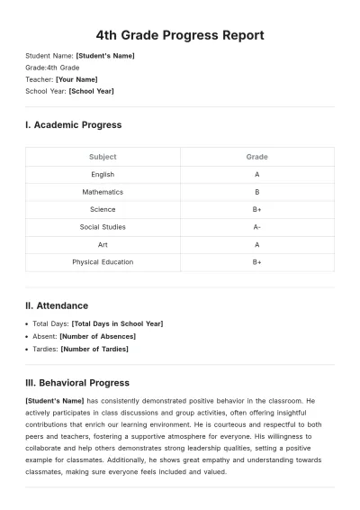 Free 4th Grade Progress Report Template to Edit Online