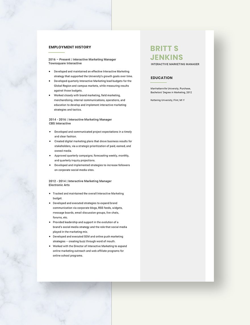 Interactive Marketing Manager Resume