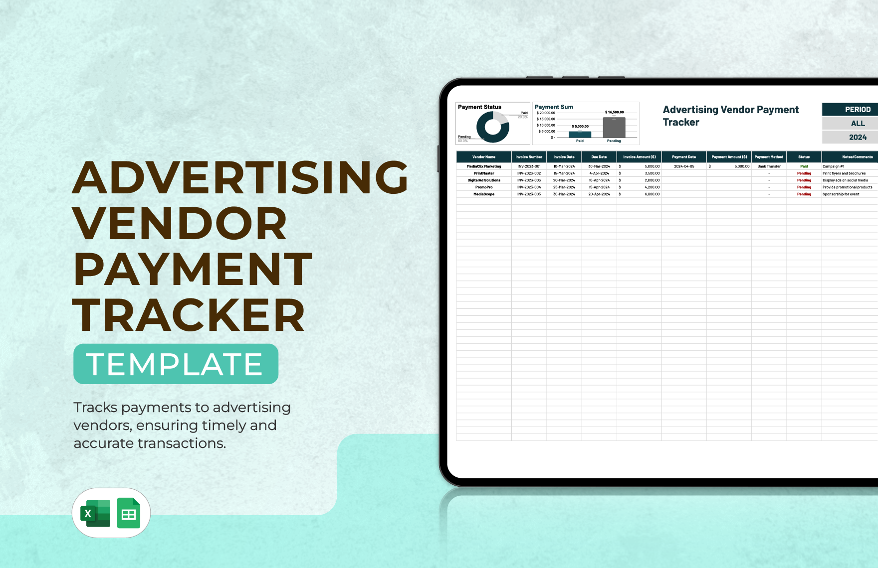 Advertising Vendor Payment Tracker Template in Excel, Google Sheets