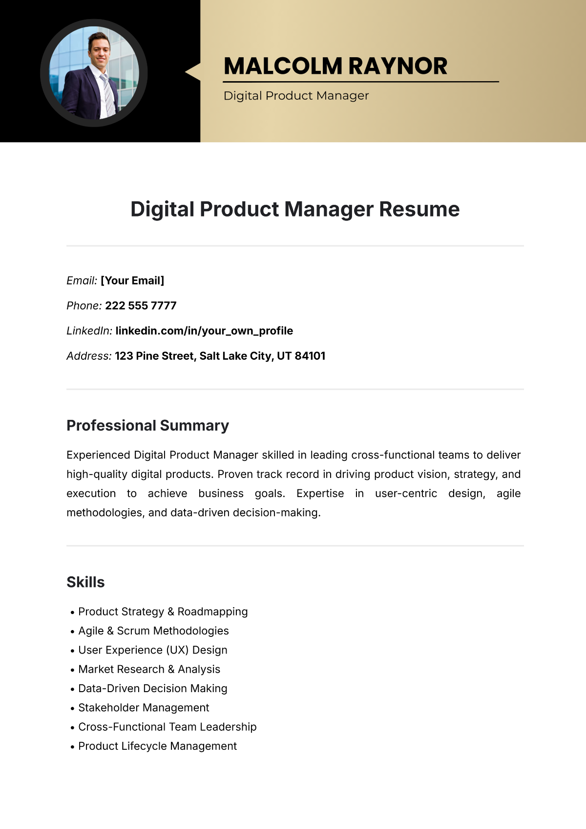 Digital Product Manager Resume Template - Edit Online & Download