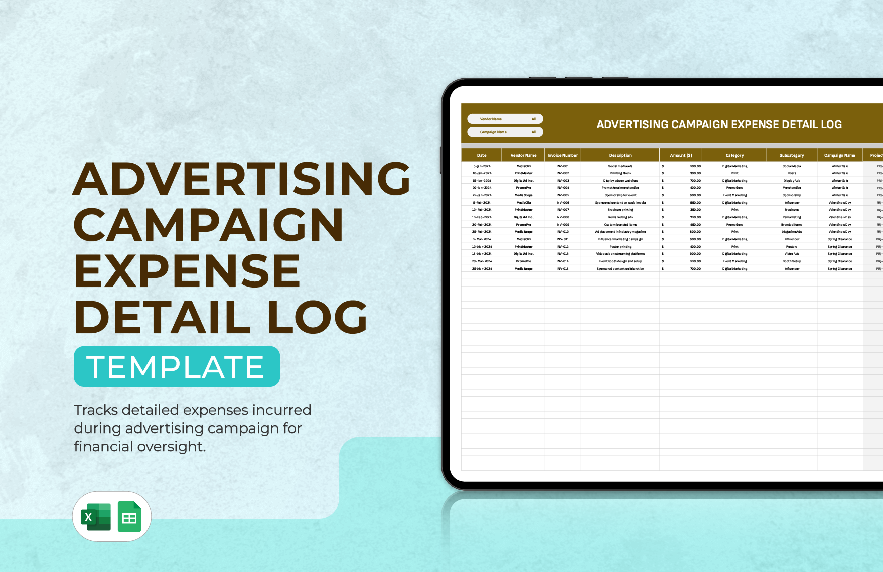 Advertising Campaign Expense Detail Log Template in Excel, Google Sheets