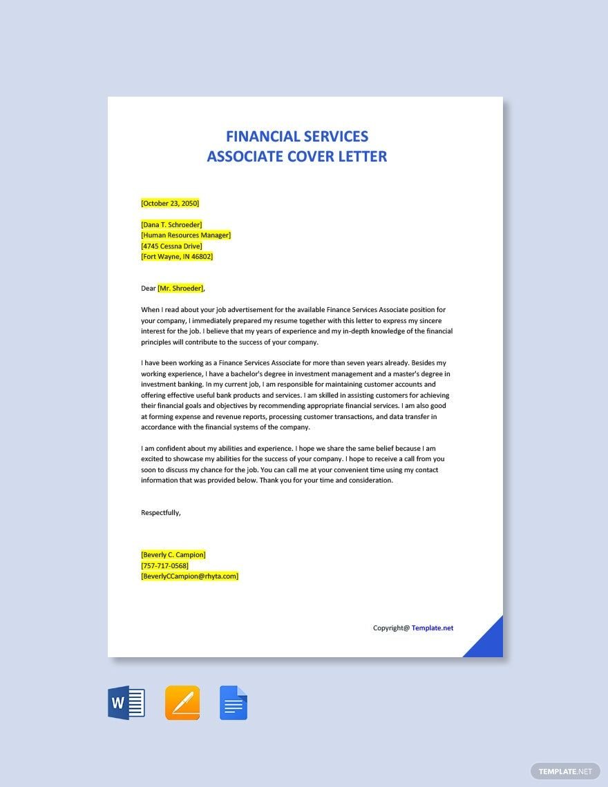 Free Financial Services Associate Cover Letter